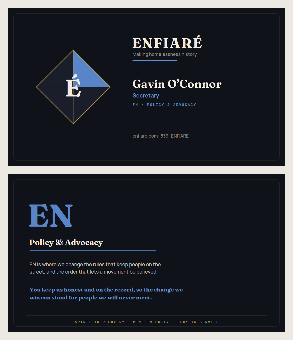 Director card for Gavin O'Connor, Secretary of Enfiaré.
