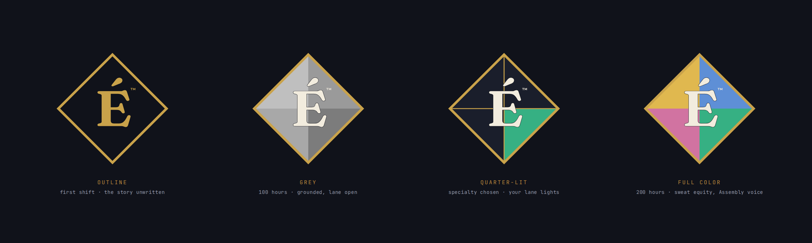 The Enfiaré emblem tier ladder: a gold outline diamond, a gray-filled diamond, a quarter-lit diamond, and a full-color diamond, left to right.
