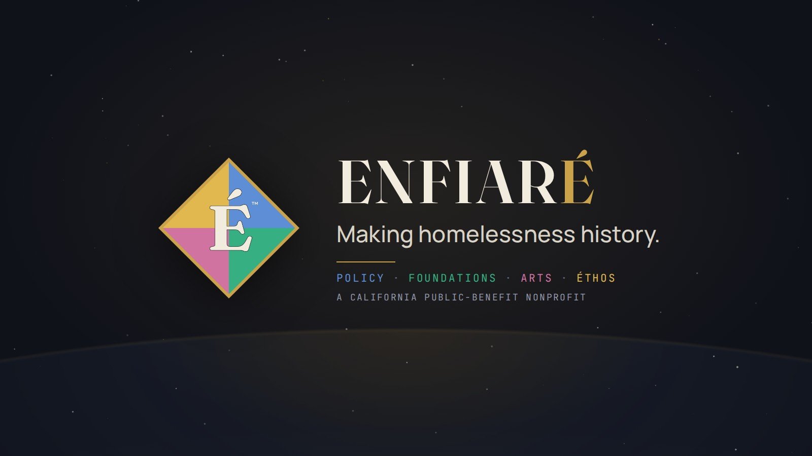 The Enfiaré channel on YouTube: the four-quadrant emblem, the ENFIARÉ wordmark, and the line making homelessness history.