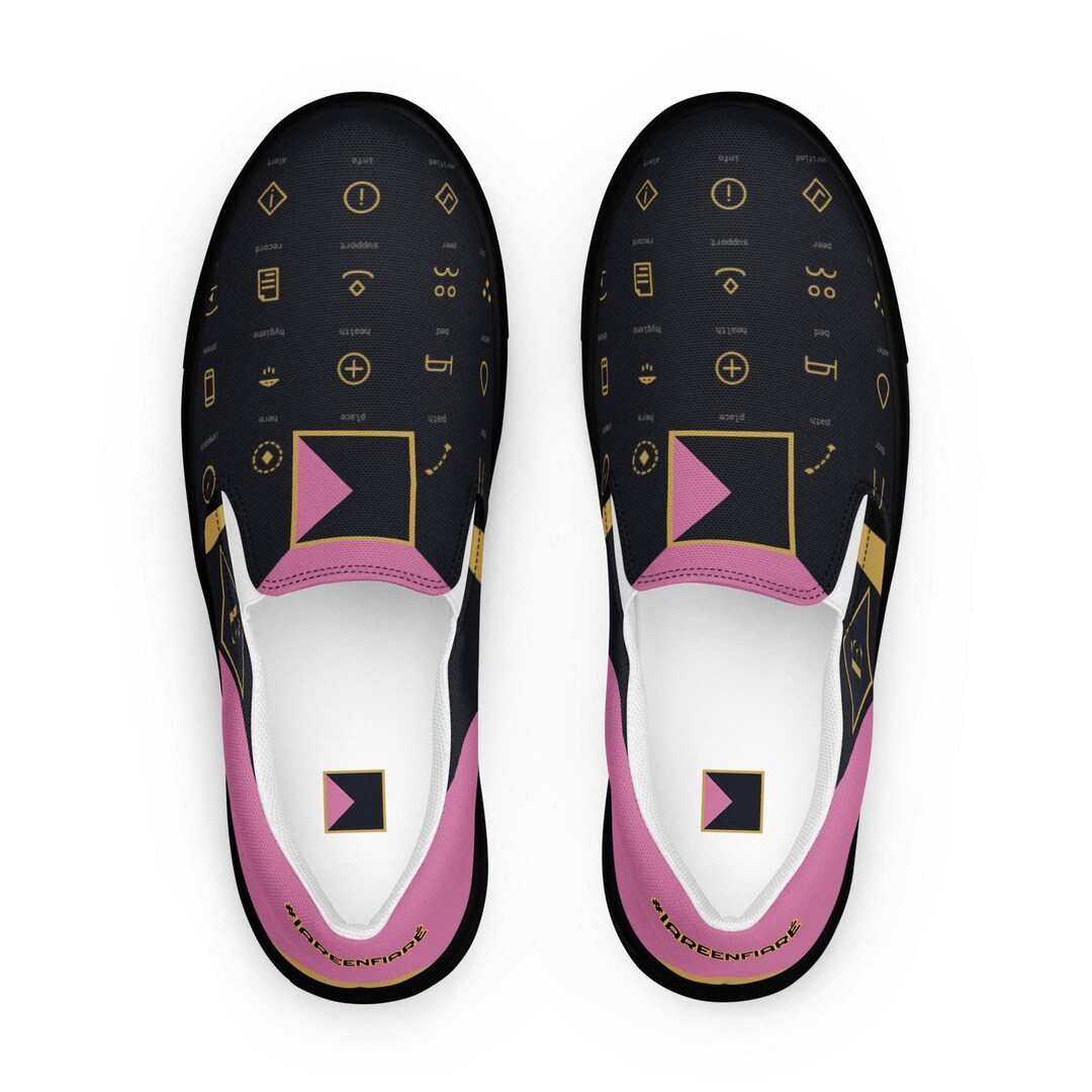 Slip-on canvas shoes printed with the black diamond icon pattern across both sides.