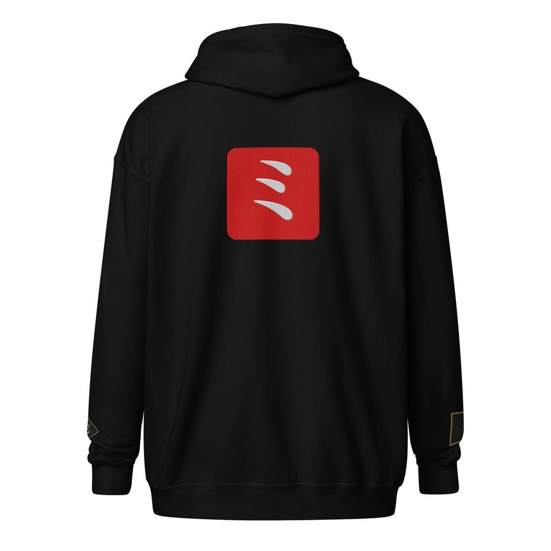 Unisex heavy blend zip hoodie with the Kazumizi mark embroidered on the chest.