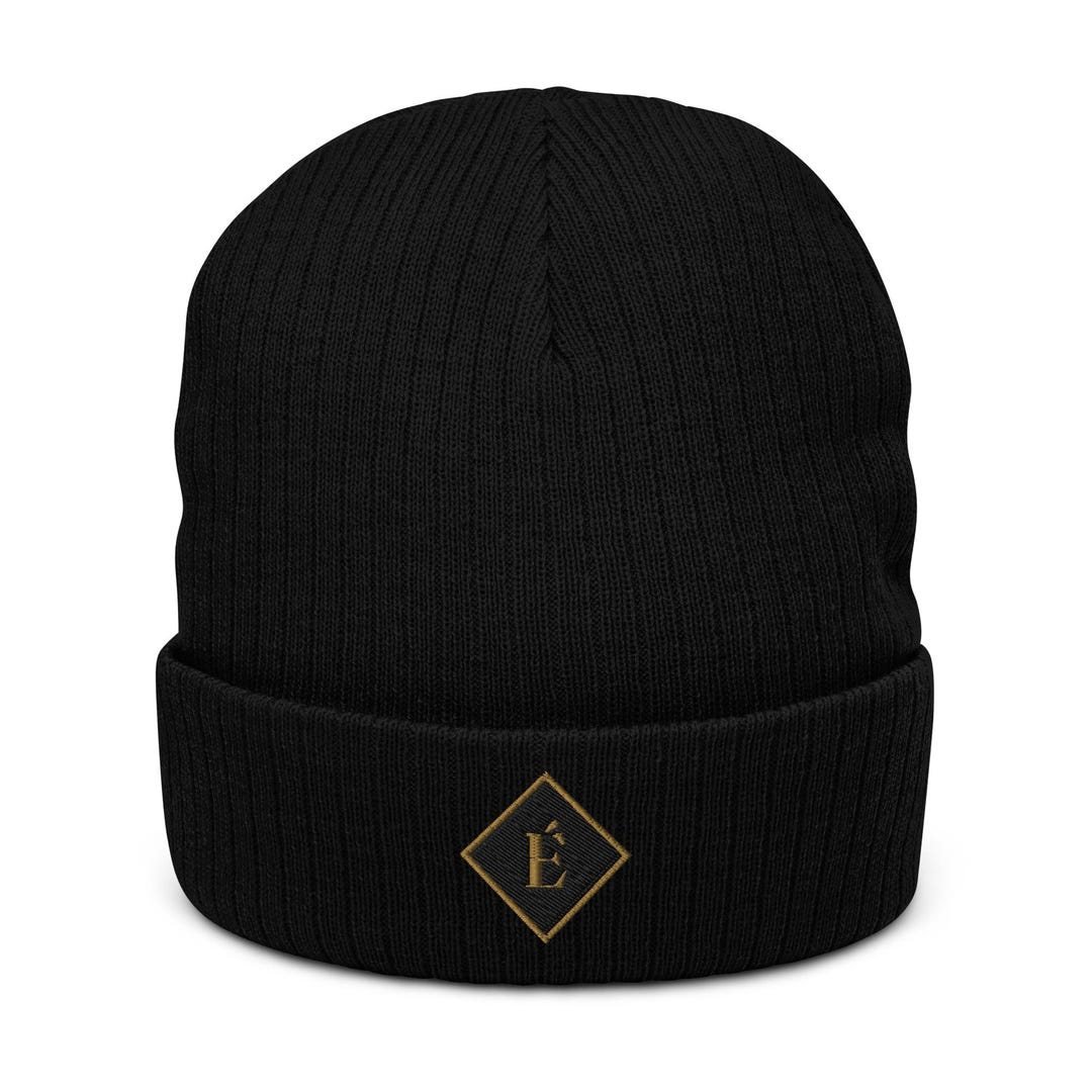 Ribbed knit beanie with the Enfiaré diamond emblem stitched in gold at the front.