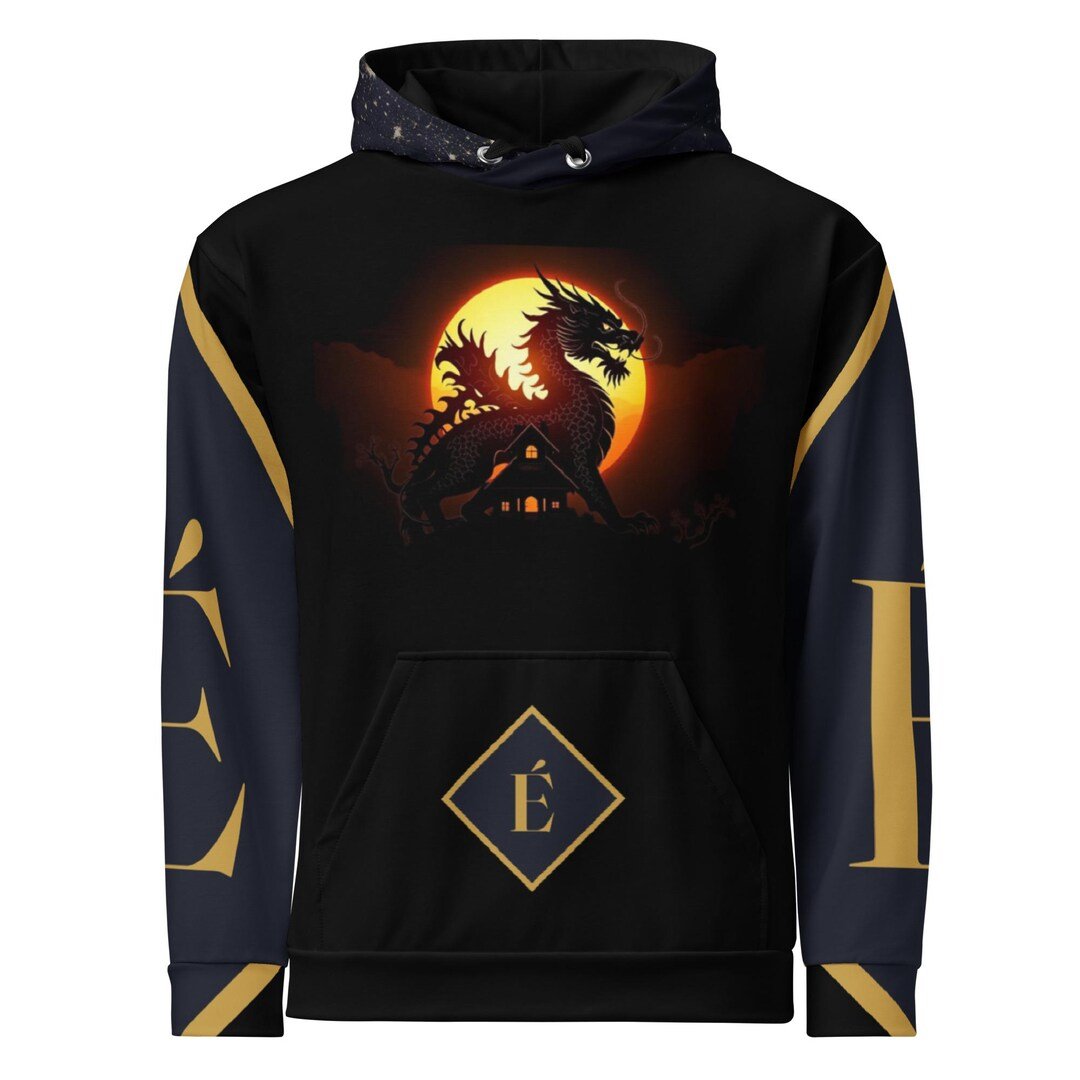 Black graphic hoodie showing a home rising from ruins, with the Enfiaré black-diamond emblem.