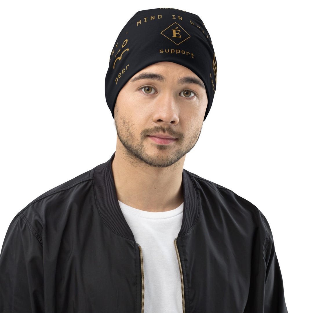 All-over print beanie covered in the Kazumizi icon slate pattern.
