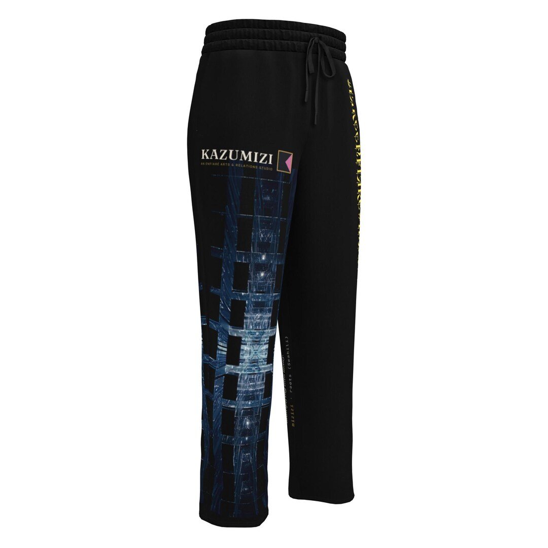 Black wide-leg joggers marked with the Kazumizi studio diamond emblem.