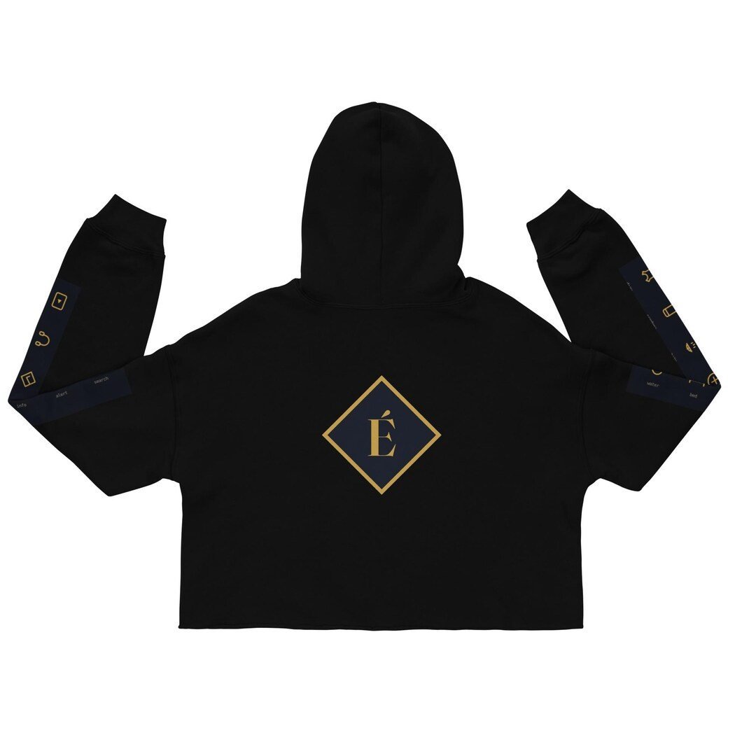 Ladies crop hoodie showing the gold É diamond on the back and icon slate prints down both sleeves.
