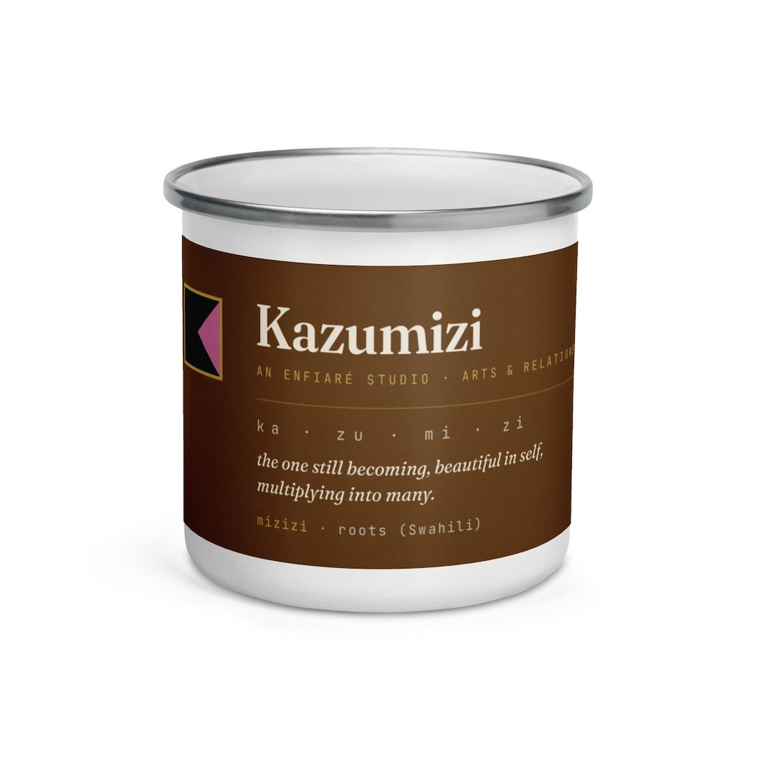White enamel camping mug with the Enfiaré four-quadrant diamond emblem on the side.