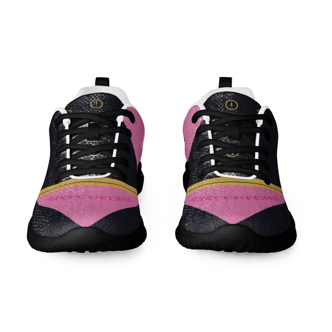 Women's lightweight athletic shoes in Kazumizi pink and gold.