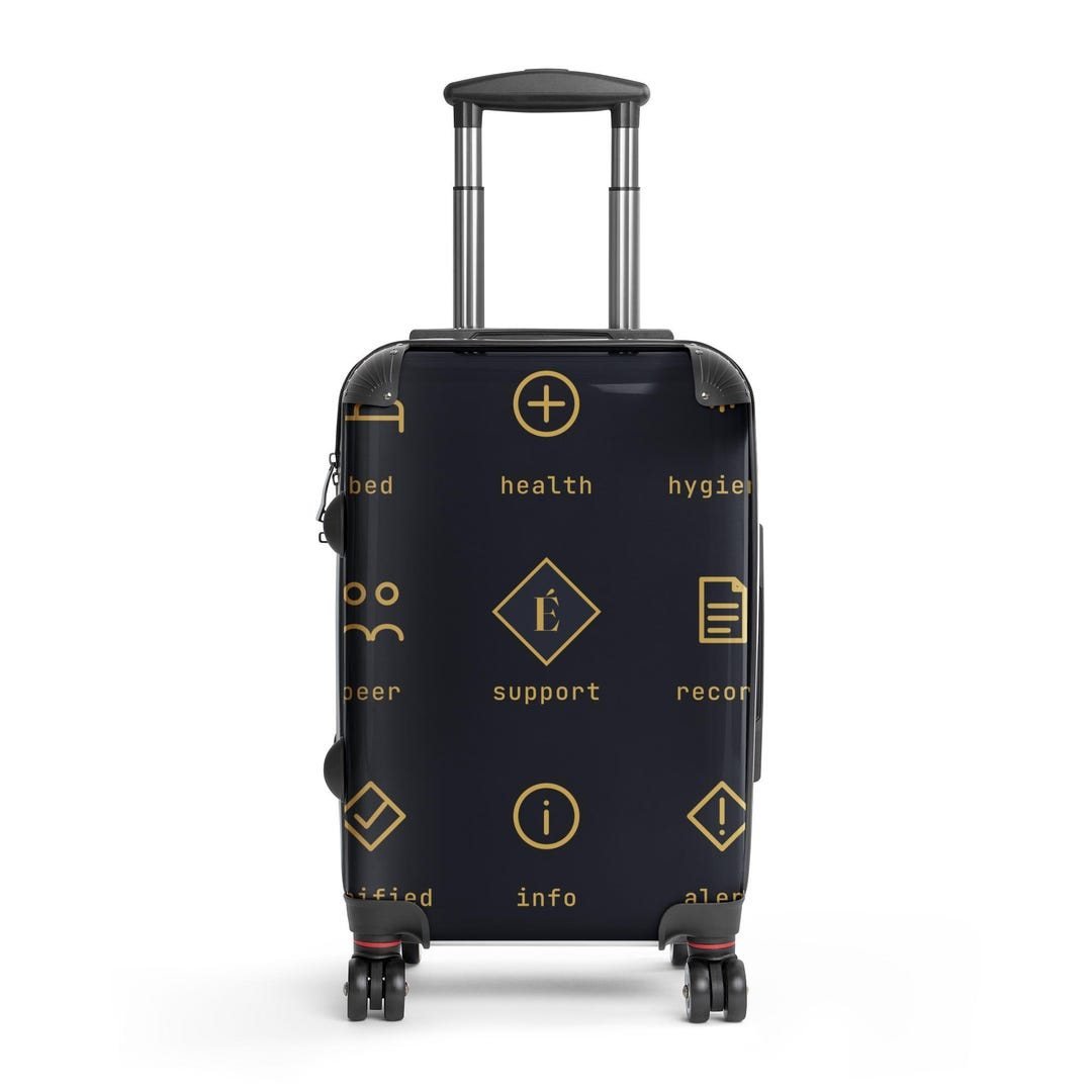 Near-black hard-shell suitcase printed with gold Enfiaré service icons, each labeled beneath.